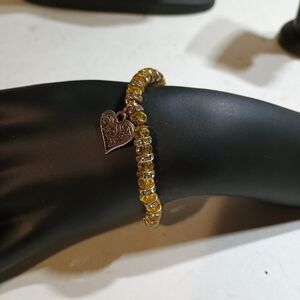 Yellow Beaded Bangle Bracelet with Heart Charm